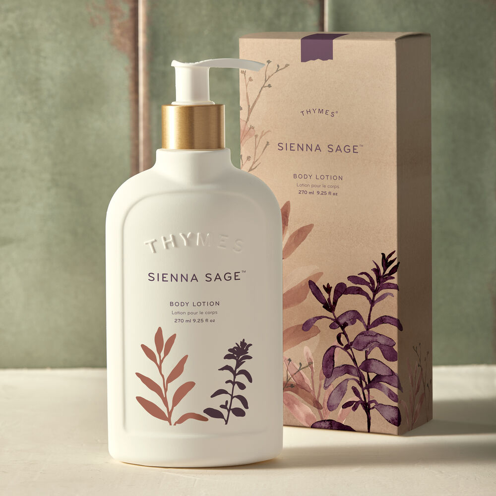Thymes Sienna Sage Body Lotion and Packaging on Counter image number 1